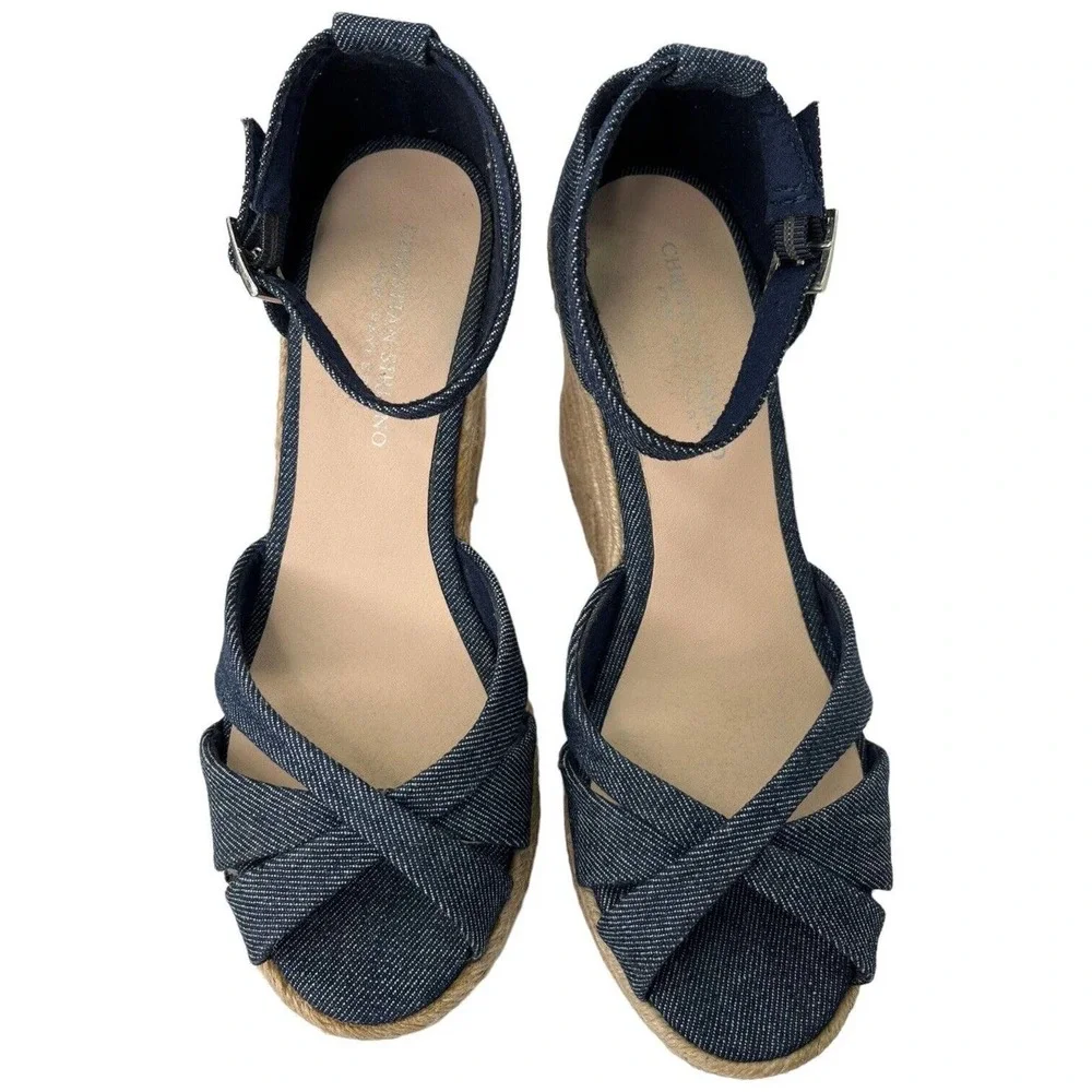 Christian Siriano Espadrille Wedge Ankle Strap Denim Blue Sandals 8